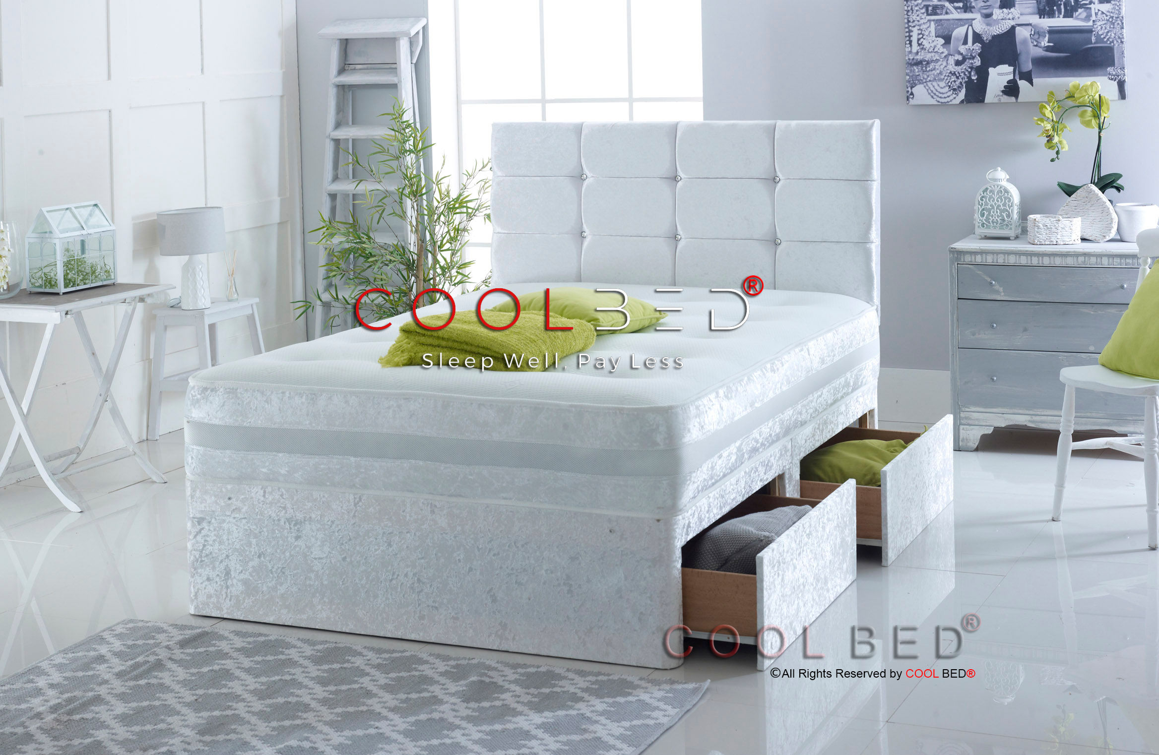 WHITE CRUSHED VELVET DIVAN BED | MEMORY SPRING MATTRESS | 20" CUBE HEADBOARD