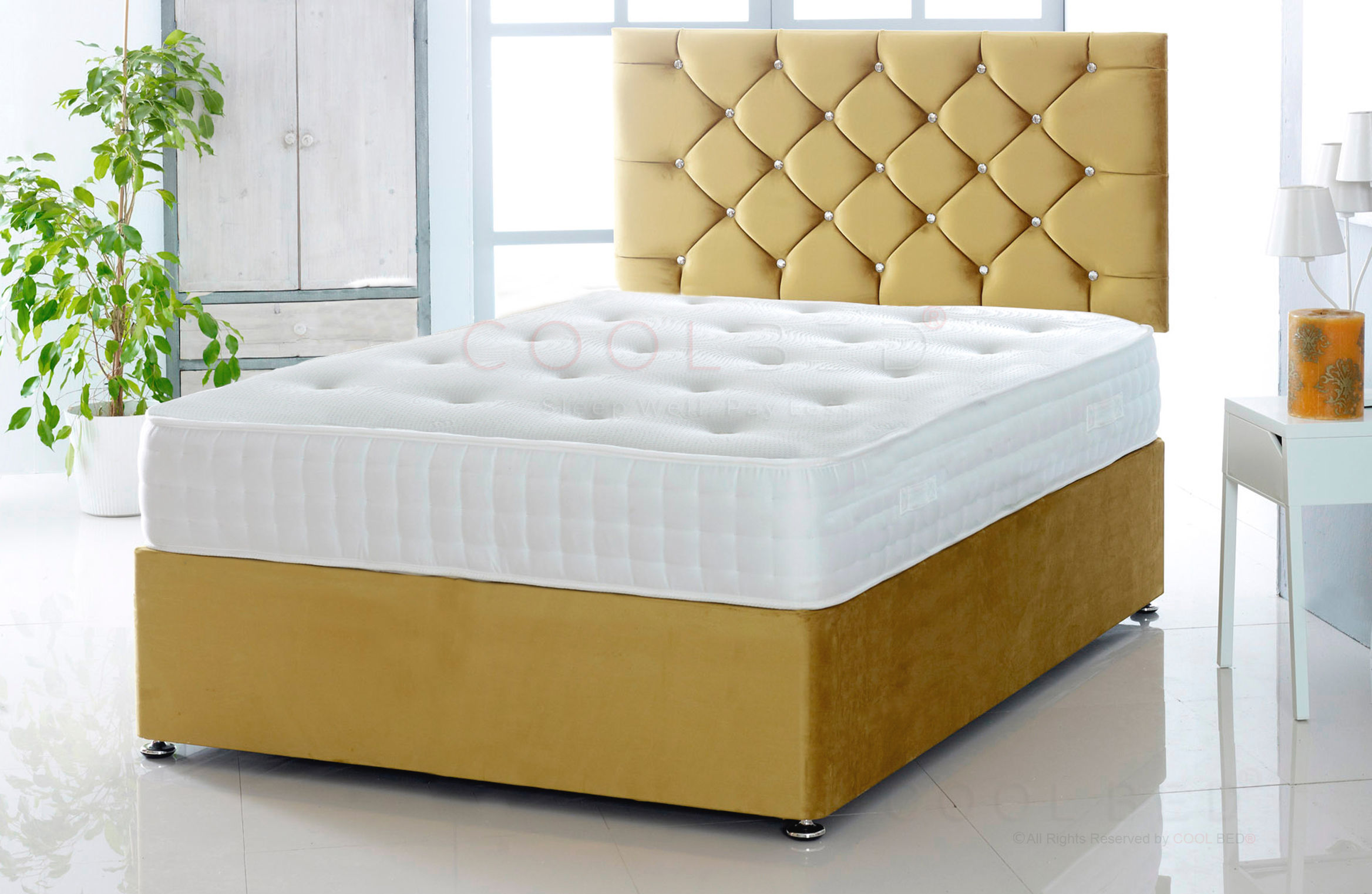 PLUSH VELVET DIVAN BED | MEMORY SPRING MATTRESS | 26" CHESTERFIELD HEADBOARD