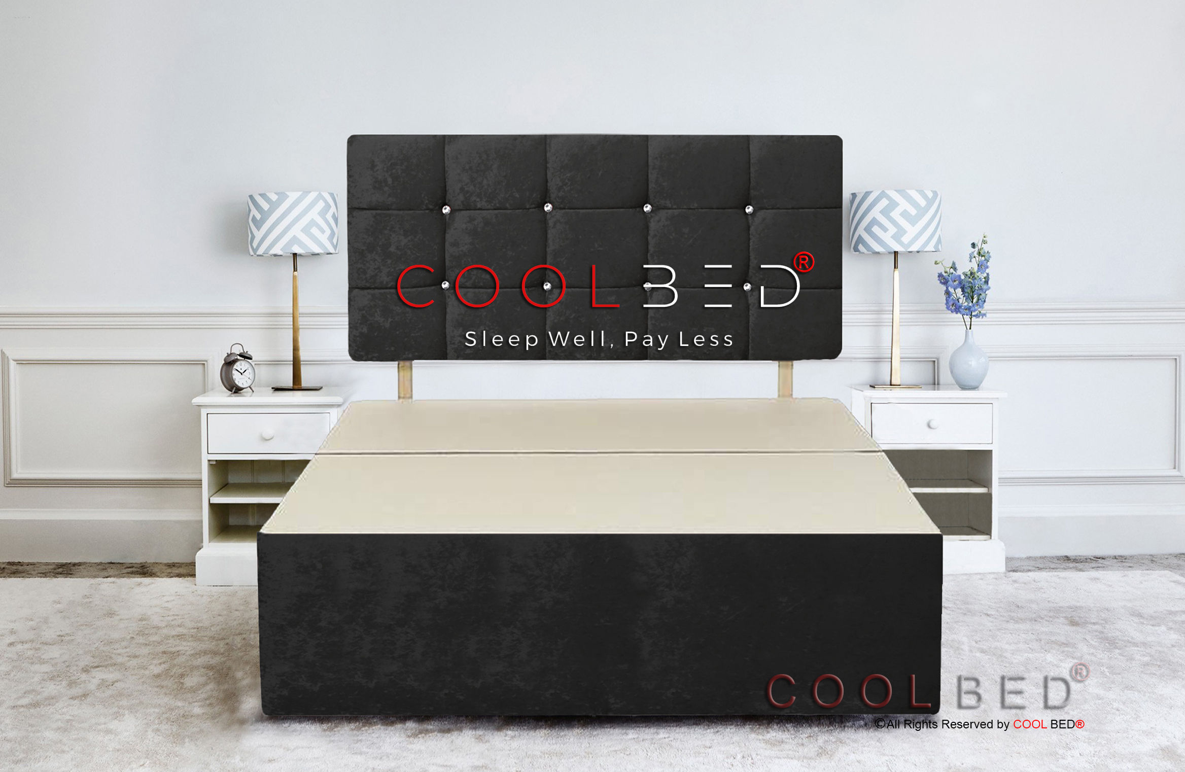 BLACK CRUSHED VELVET DIVAN BED BASE AND 20" CUBE HEADBOARD