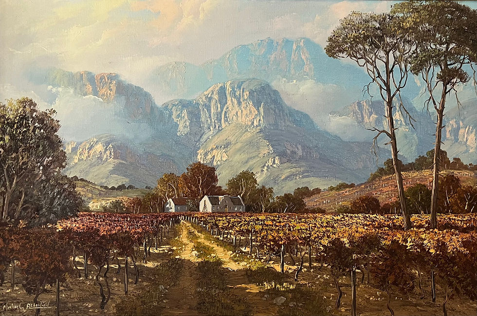 Thumbnail: Michael Albertyn — Cape Winelands Landscape with Cape Cottages and Vineyard