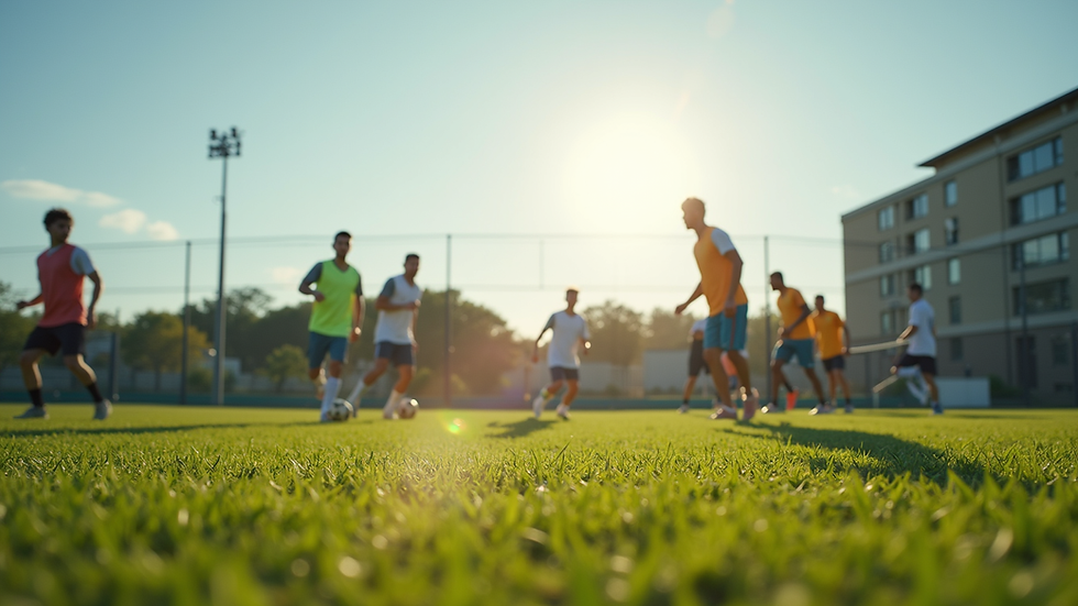 Eye-level view of a community sports field with athletes practicing safely