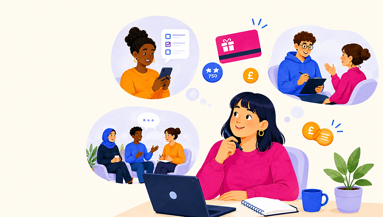 Illustration of people taking part in paid surveys, focus groups and research interviews in the UK