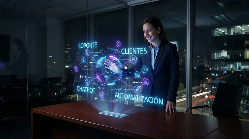 Gerente interactuando con un holograma de inteligencia artificial y soporte en luces neón azul y violeta, representando la Automatización de Servicio al Cliente en Veracruz.