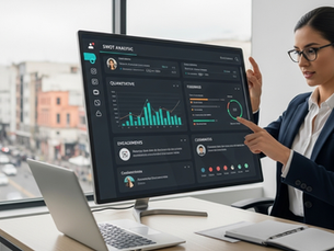 Estratega realizando el manejo de redes sociales en Veracruz, analizando un dashboard con investigación de mercados, análisis FODA y datos cuantitativos y cualitativos.