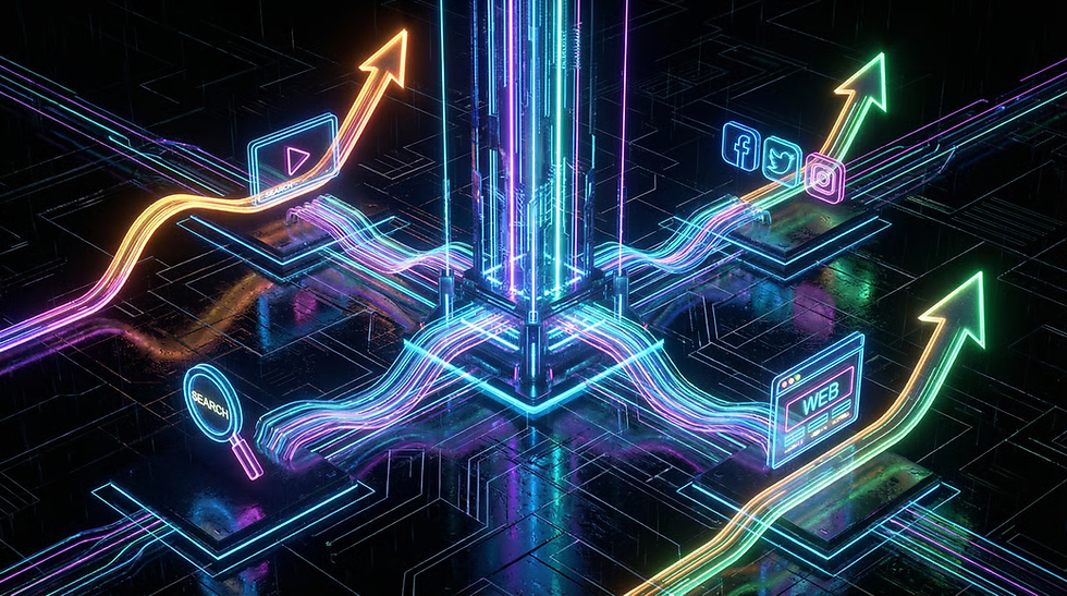 Visualización futurista de estrategias digitales y crecimiento de marca desarrolladas por una agencia de publicidad en Veracruz, con conexiones de neón azul y violeta entre plataformas de anuncios y resultados.