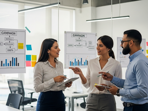 Equipo de una agencia de marketing en Veracruz durante una sesión de planificación estratégica, usando notas y una tableta para desarrollar una campaña digital.