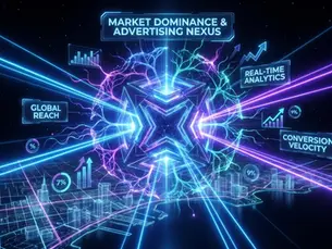 Visualización futurista de un nexo de adquisición digital y estrategias de datos desarrollado por una agencia de publicidad en Veracruz, con luces de neón azul y violeta.