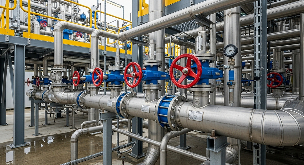 Sistema de piping industrial con tuberías de acero inoxidable, válvulas y accesorios ensamblados en planta de producción.