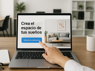 Laptop mostrando un sitio web moderno y responsivo diseñado para PYMEs, con un llamado a la acción claro, en una oficina profesional.