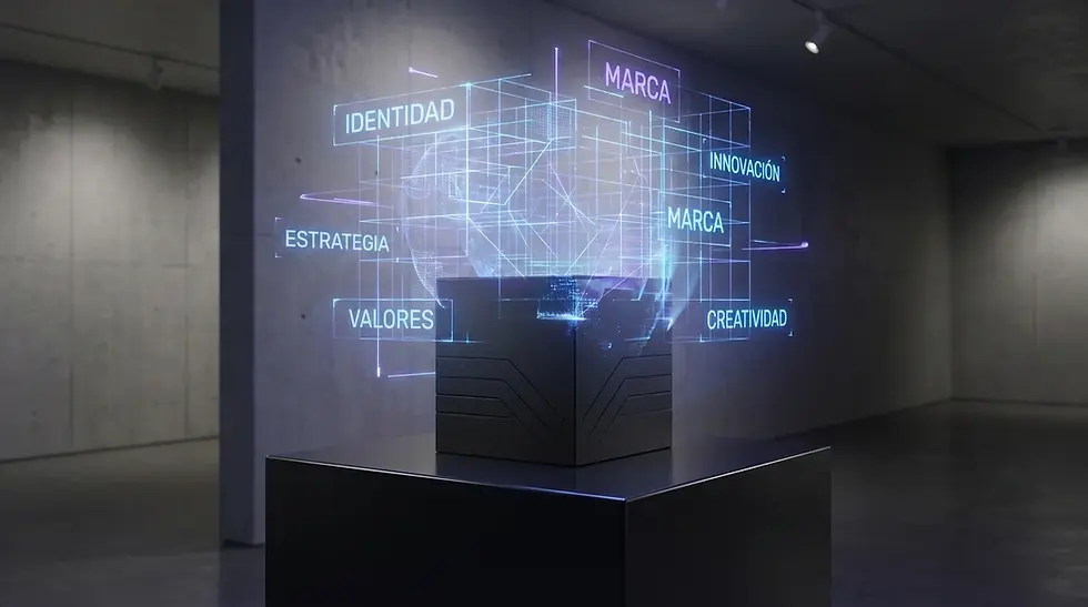Exhibición realista con un producto transformándose en un holograma de identidad corporativa en neón azul y violeta, representando Branding en Veracruz.