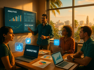 Oficina de agencia de marketing digital en Veracruz con equipo creando estrategias frente a pantallas y gráficos.