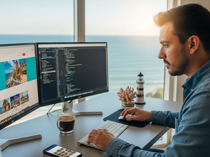 Diseñador web en Veracruz creando un sitio responsivo y optimizado para buscadores, mostrando el diseño en computadoras, tabletas y teléfonos móviles.