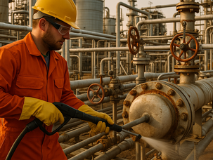 Técnico con casco y overol naranja realiza limpieza química en planta petrolera de Tabasco, dirigiendo chorro a intercambiador metálico entre válvulas y tuberías al atardecer.