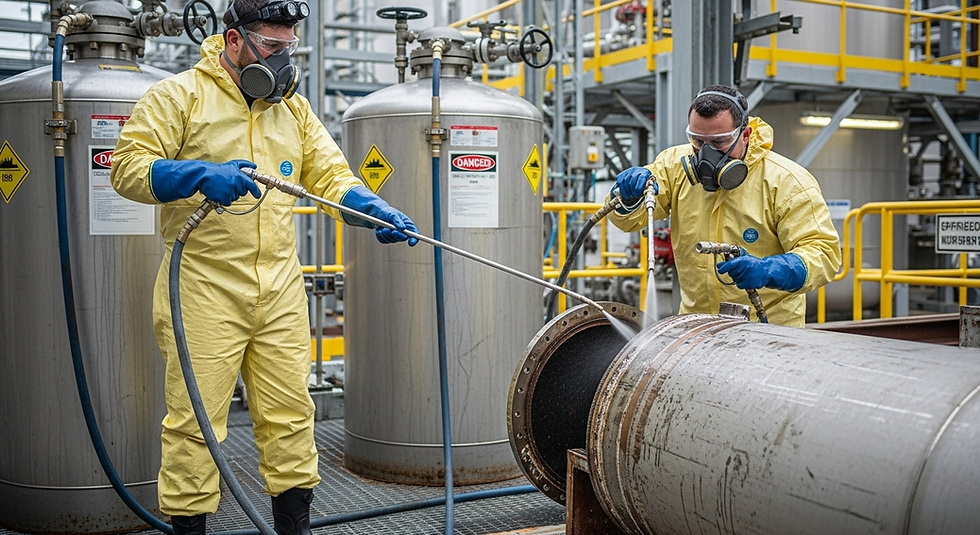 Técnicos aplicando limpieza química en intercambiador de calor industrial con equipo de protección y soluciones especializadas.
