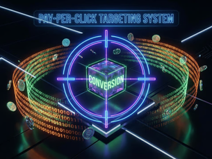 Representación futurista de segmentación y conversión en Campañas de Google Ads con miras láser de neón azul y violeta.