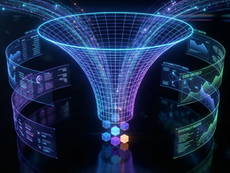 Representación futurista de un embudo de ventas digital gestionado por un CRM Veracruz para aumentar ventas, con gráficos de neón azul y violeta.