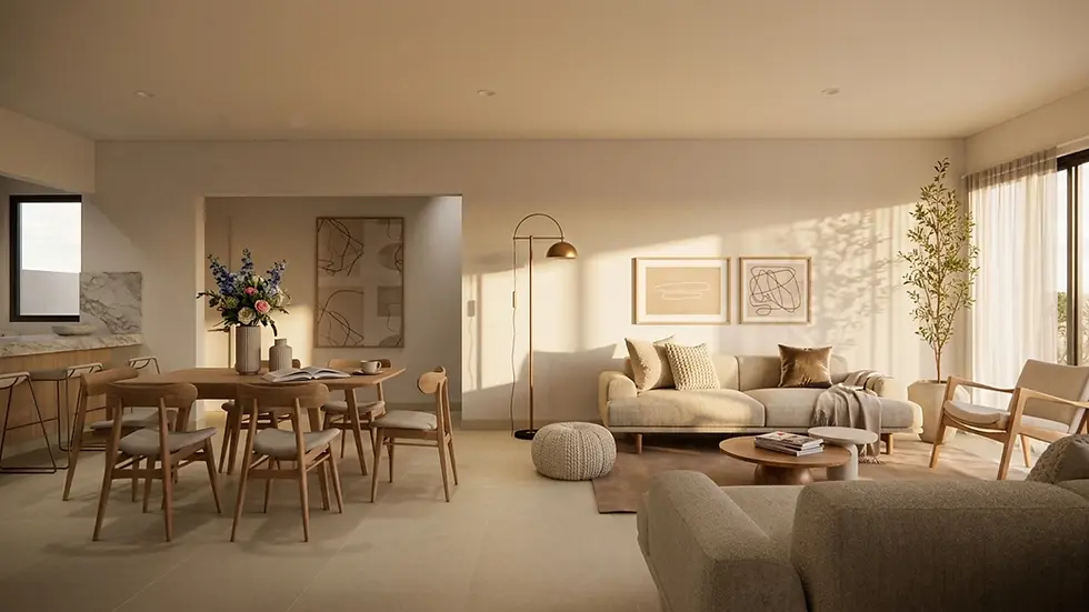 Sala y comedor de un departamento moderno con acabados de lujo, ejemplo de espacios para inversión en bienes raíces en Veracruz.