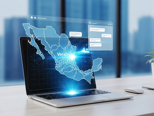 Interfaz holográfica de un chatbot de IA sobre una laptop en un entorno de oficina, interactuando con un mapa digital de Veracruz para optimizar estrategias de negocio.