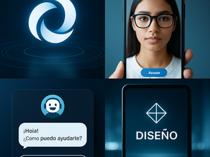 Collage de tendencias visuales 2025: logotipo animado, prueba de realidad aumentada, chatbot visual en pantalla y diseño minimalista moderno.