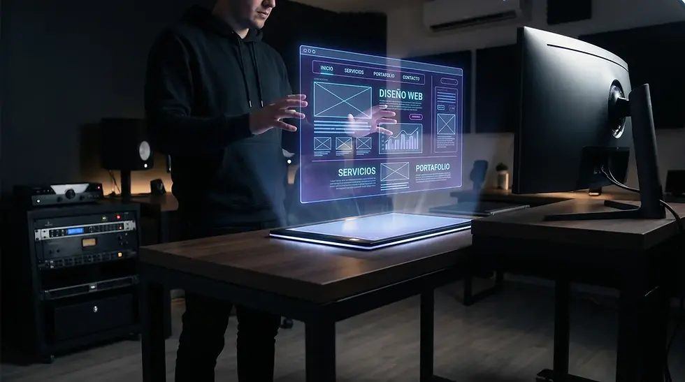 Desarrollador interactuando con un holograma web en luces neón azul y violeta, representando la innovación en el diseño de páginas web en Veracruz.