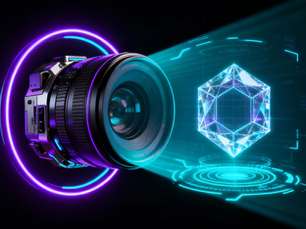 Lente de cámara futurista representando servicios de sesión fotográfica Veracruz para productos y marcas.