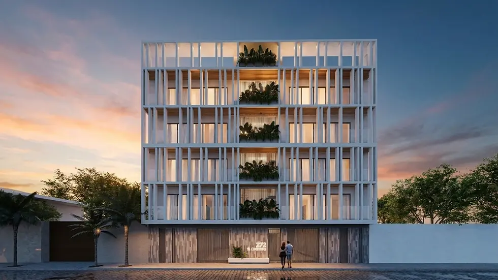 Fachada de edificio residencial moderno al atardecer en Boca del Río, Veracruz, ejemplo de inversión inmobiliaria en Veracruz.