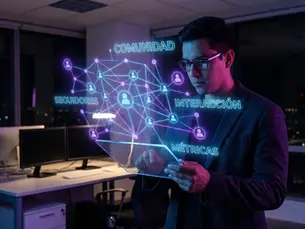 Community manager interactuando con una red social holográfica en neón azul y violeta, representando el Manejo de Redes Sociales en Veracruz.