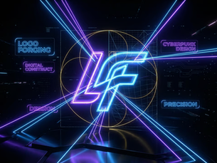 Representación futurista de la creación de identidad visual mediante Diseño de Logotipos en Veracruz con geometría de neón azul y violeta.