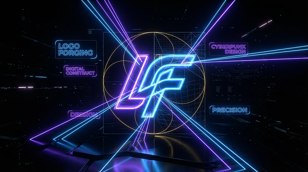 Representación futurista de la creación de identidad visual mediante Diseño de Logotipos en Veracruz con geometría de neón azul y violeta.