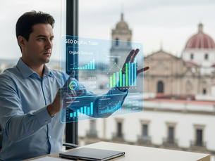 Analista SEO implementando una estrategia de posicionamiento SEO en Veracruz, revisando gráficos de crecimiento de tráfico y ranking de palabras clave en una interfaz.