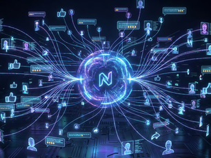 Representación futurista de conectividad digital para el Manejo de Redes Sociales en Veracruz con redes de neón azul y violeta.