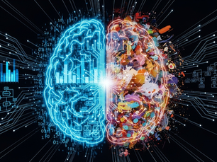 Concepto de una agencia de marketing digital en Veracruz, mostrando un cerebro que fusiona datos (hemisferio izquierdo) y creatividad (hemisferio derecho) mediante tecnología.