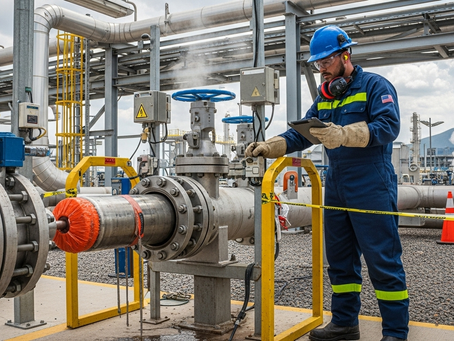 Técnico realizando limpieza mecánica con pigs en ducto industrial en Monterrey, con equipo especializado y condiciones de planta activa.