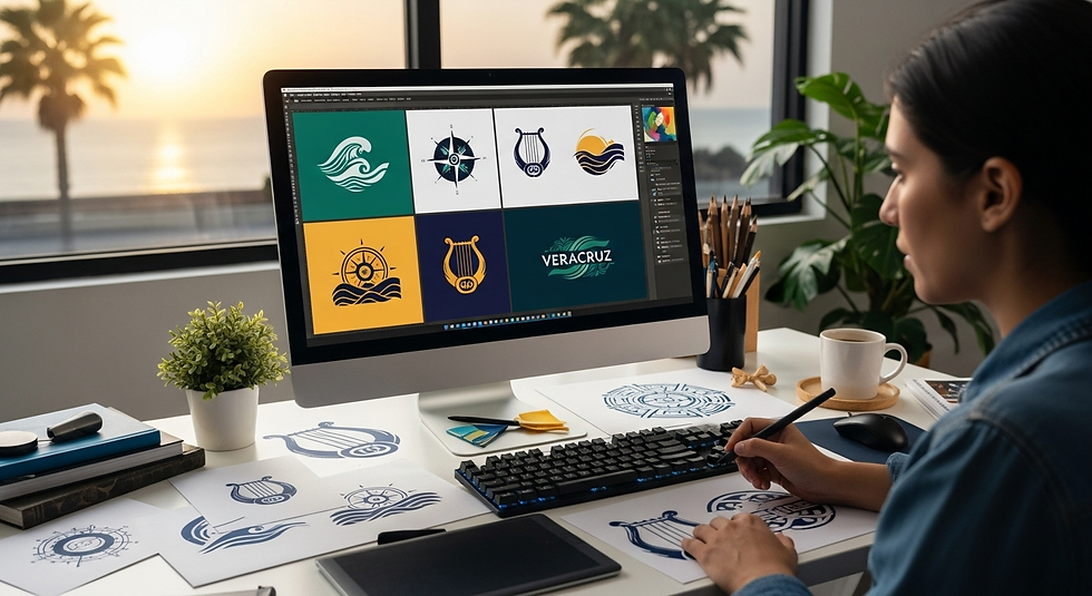 Diseñador creando logotipo profesional en Veracruz, combinando tipografía, colores y elementos culturales para reflejar identidad visual empresarial única.