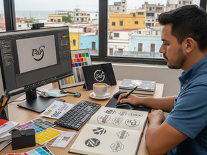 Diseñador gráfico en Veracruz creando un logotipo profesional con bocetos y paleta de colores, enfocado en transmitir la identidad y valores de una marca.