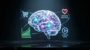 Cerebro iluminado con gráficos de crecimiento y conexiones emocionales, representando estrategias analíticas de Neuromarketing en Veracruz.