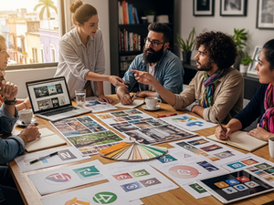 Equipo creativo en Veracruz trabajando en el branding de una marca, revisando paletas de colores, bocetos de logotipos y material de identidad visual.