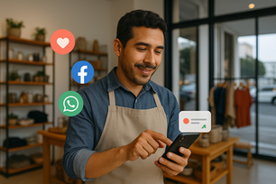 Dueño de negocio local gestionando redes sociales desde su celular, con íconos flotantes y métricas digitales que representan crecimiento e interacción.