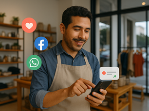 Dueño de negocio local gestionando redes sociales desde su celular, con íconos flotantes y métricas digitales que representan crecimiento e interacción.