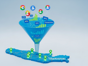 Visualización de una campaña de Google Ads en Veracruz, mostrando un embudo de ventas digital que convierte usuarios en leads calificados con métricas de ROI.