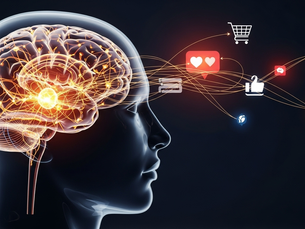 Concepto visual del neuromarketing en Veracruz, mostrando cómo estímulos de marketing activan las redes neuronales y emociones en el cerebro del consumidor.