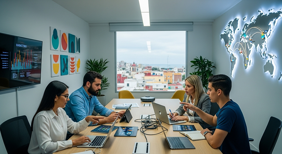 Equipo de agencia de marketing en Veracruz planificando estrategias digitales personalizadas, con computadoras portátiles, gráficos de campañas y un ambiente creativo y colaborativo.