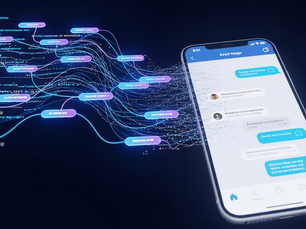 Concepto visual de la programación de chat bots, donde el código de inteligencia artificial se transforma en una interfaz de atención al cliente en un smartphone.