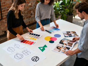 Equipo de una agencia de marketing Veracruz trabajando en estrategias creativas y diseño gráfico con bocetos y paletas de color.