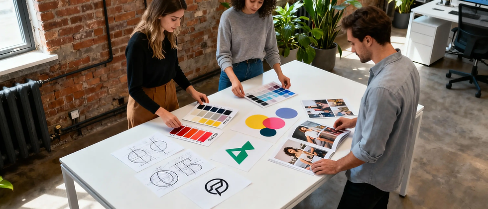 Equipo de una agencia de marketing Veracruz trabajando en estrategias creativas y diseño gráfico con bocetos y paletas de color.