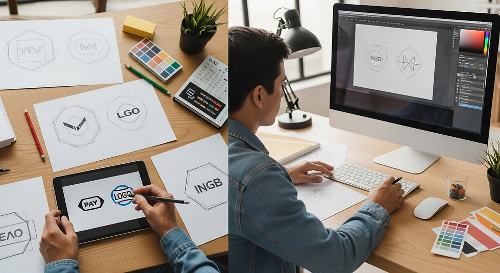 Diseñador profesional mexicano creando logo empresarial en estudio moderno con bocetos, herramientas digitales y elementos de branding