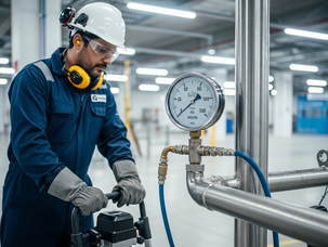 Fotografía profesional de un técnico en planta realizando una prueba hidrostática, con un manómetro conectado a una tubería presurizada y equipo de seguridad visible.
