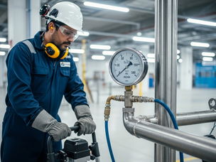 Fotografía profesional de un técnico en planta realizando una prueba hidrostática, con un manómetro conectado a una tubería presurizada y equipo de seguridad visible.