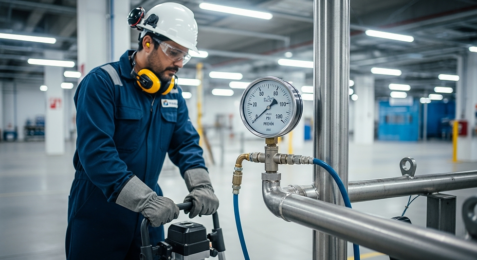 Fotografía profesional de un técnico en planta realizando una prueba hidrostática, con un manómetro conectado a una tubería presurizada y equipo de seguridad visible.