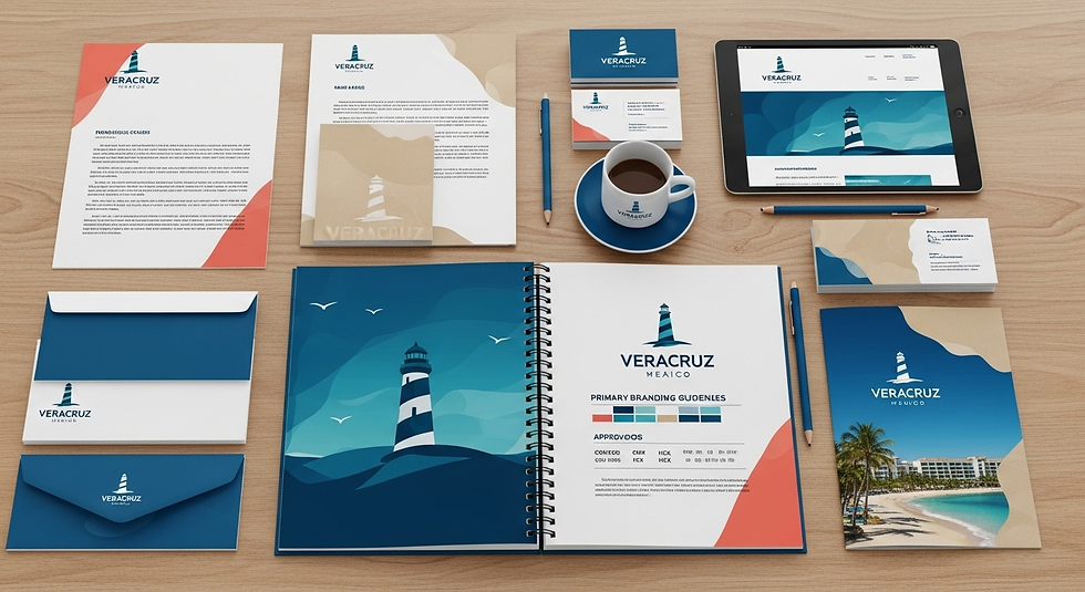 Material de branding corporativo en Veracruz con logotipo, paleta de colores y diseño de marketing, mostrando identidad visual coherente y profesional.